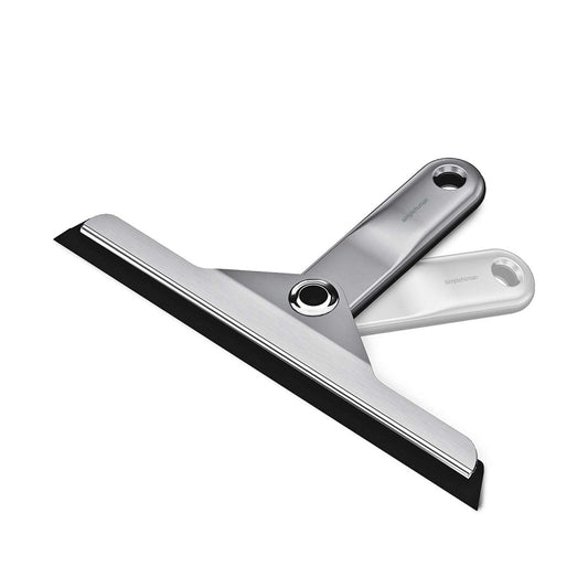 Simplehuman Foldaway Squeegee, Polished Stainless Steel with folding handle for space-saving storage.