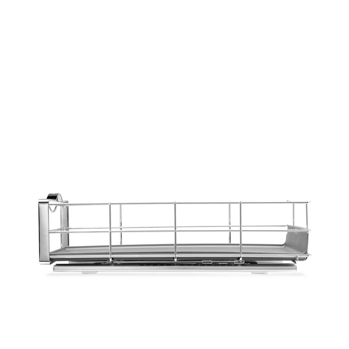 Simplehuman Side view of 14 Inch Pull-Out Cabinet Organizer, Polished Stainless Steel, with gray removable tray liner.
