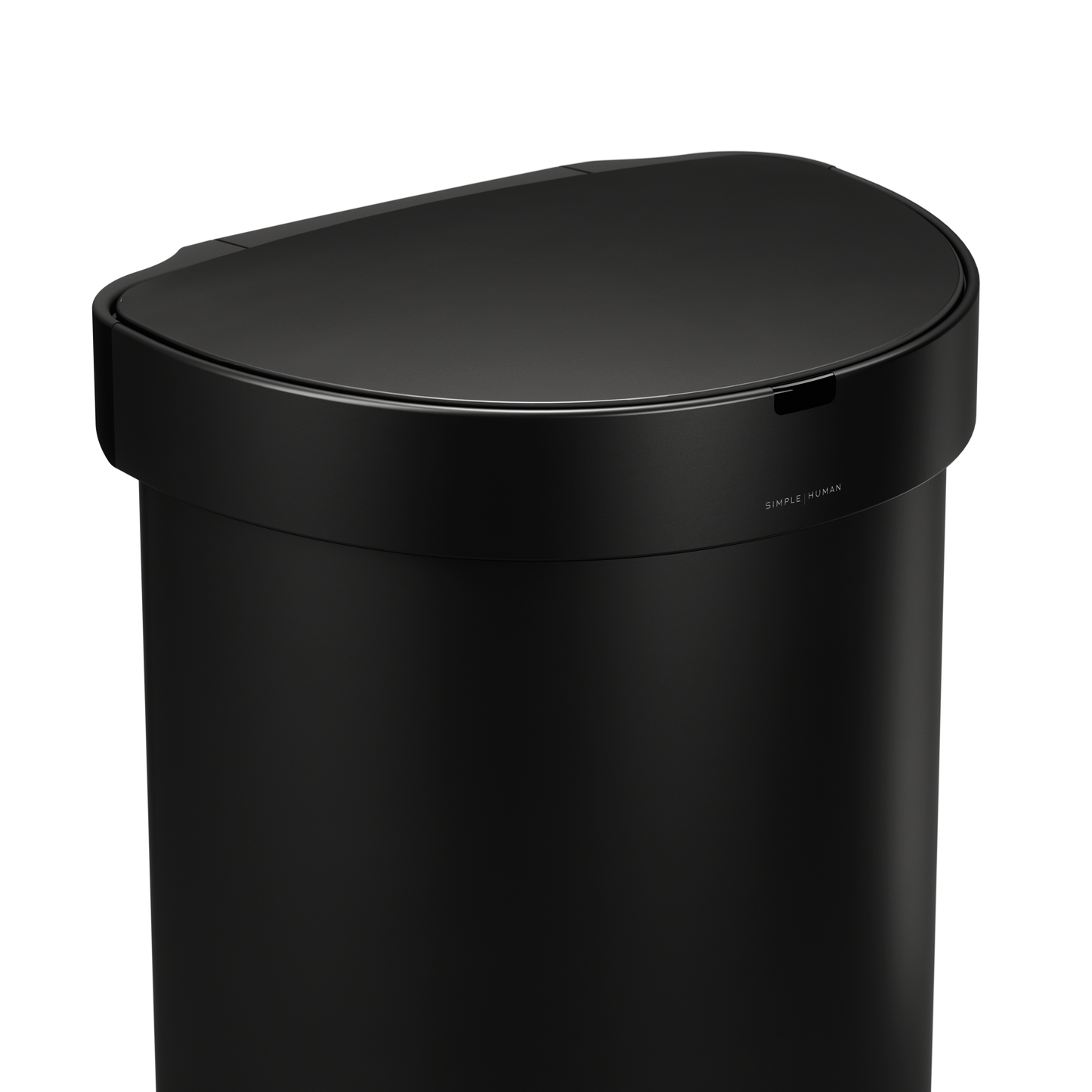 Detail view of Simplehuman 45L Semi-Round Sensor Can, Matte Black finish, highlighting the touch-free sensor.