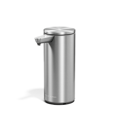 Angled view of Simplehuman 9 oz. Rechargeable Sensor Pump in Brushed Stainless Steel, hands-free soap dispenser.