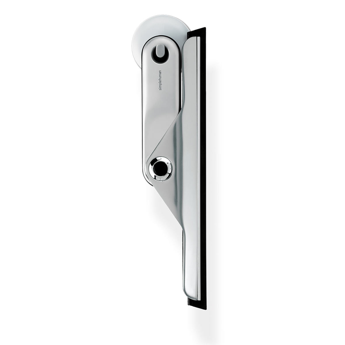 Profile view of Simplehuman Foldaway Squeegee, Polished Stainless Steel, folded flat for space-saving storage.