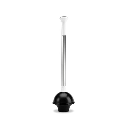 Front view of Simplehuman Toilet Plunger, Stainless Steel handle and ergonomic White grip with high-performance flange cup.