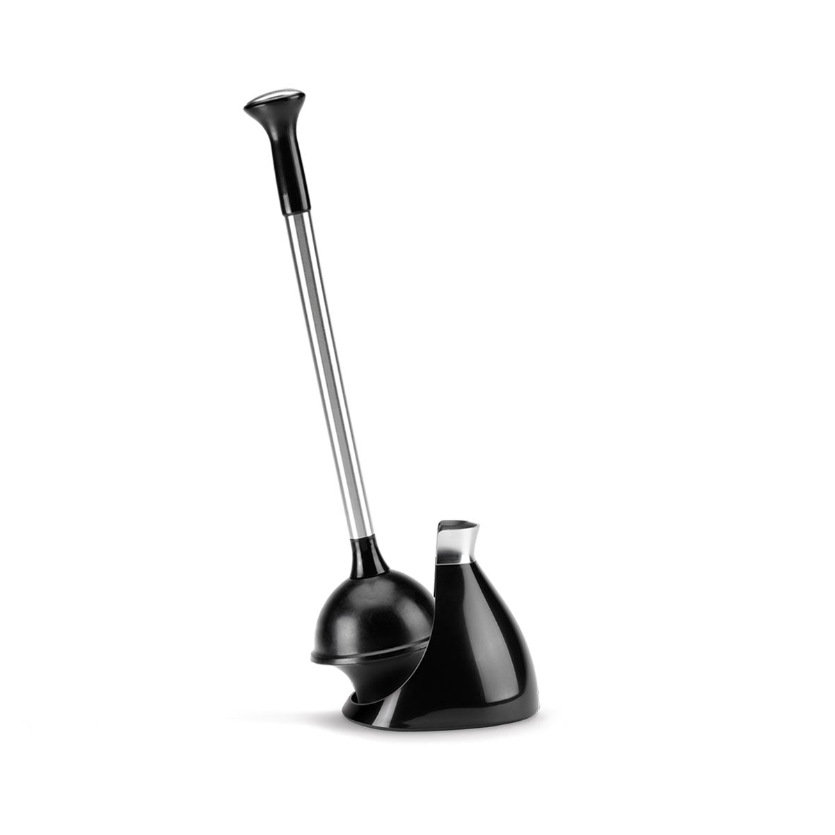 Raised view of Simplehuman Black Toilet Plunger, Stainless Steel handle and hygienic self-closing caddy.