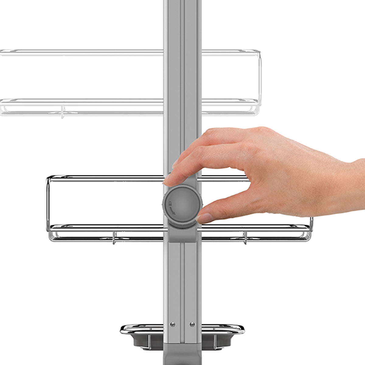 Close-up of Simplehuman Polished Stainless Steel Adjustable Shower Caddy knob showing adjustable shelves.