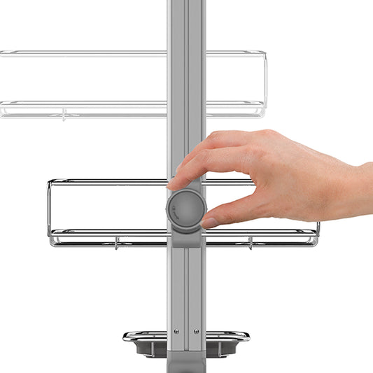 Close-up of Simplehuman Polished Stainless Steel Adjustable Shower Caddy knob showing adjustable shelves.
