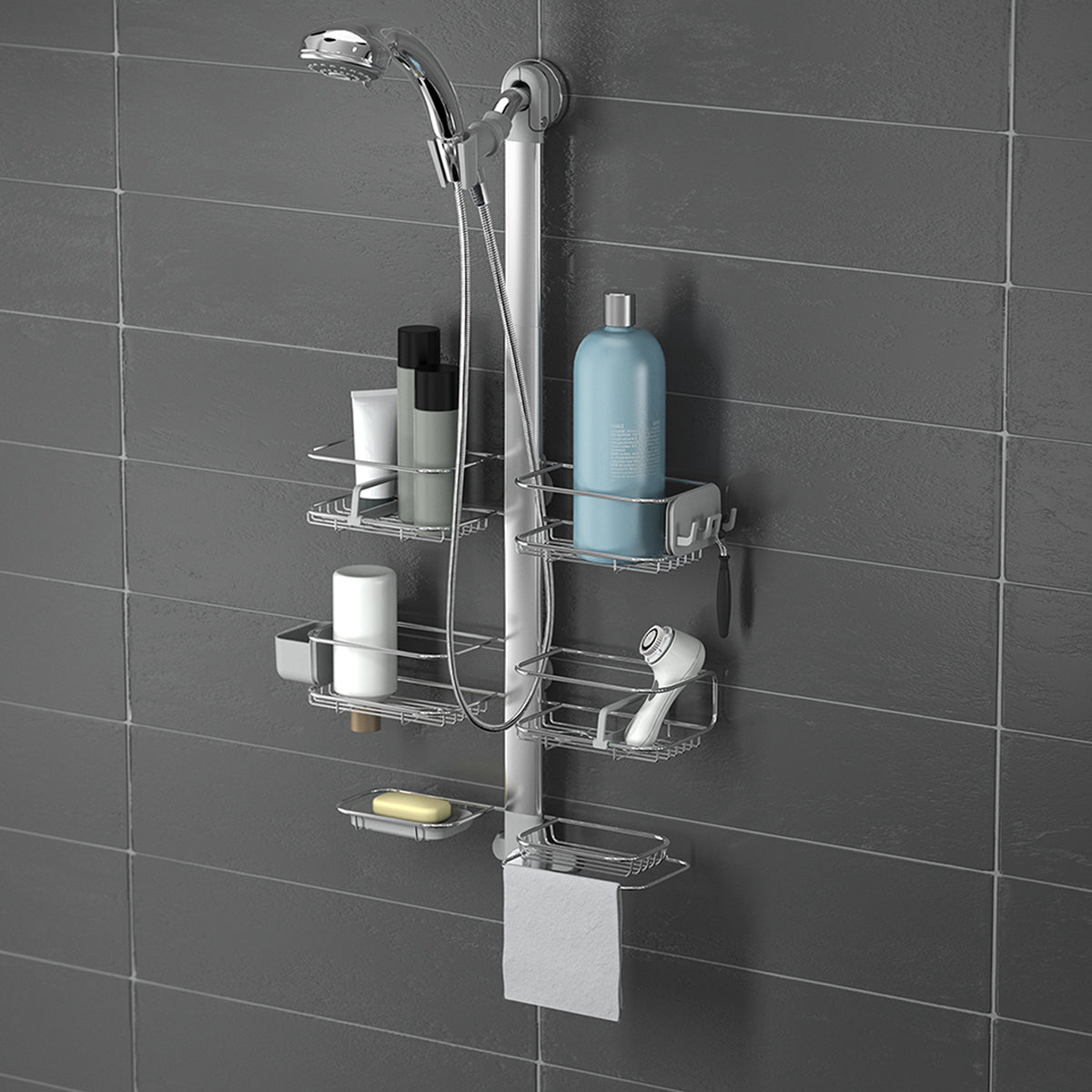 Angled view Simplehuman XL Adjustable Shower Caddy, Polished Stainless Steel, showing razor holders, soap dish, and towel bar.