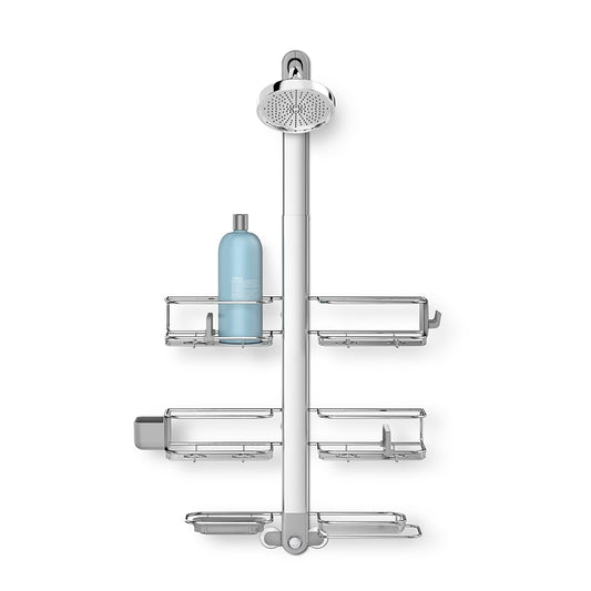 Front view Simplehuman Extra-Large Adjustable Shower Caddy, Polished Stainless Steel, 4 adjustable baskets and integrated soap dish.