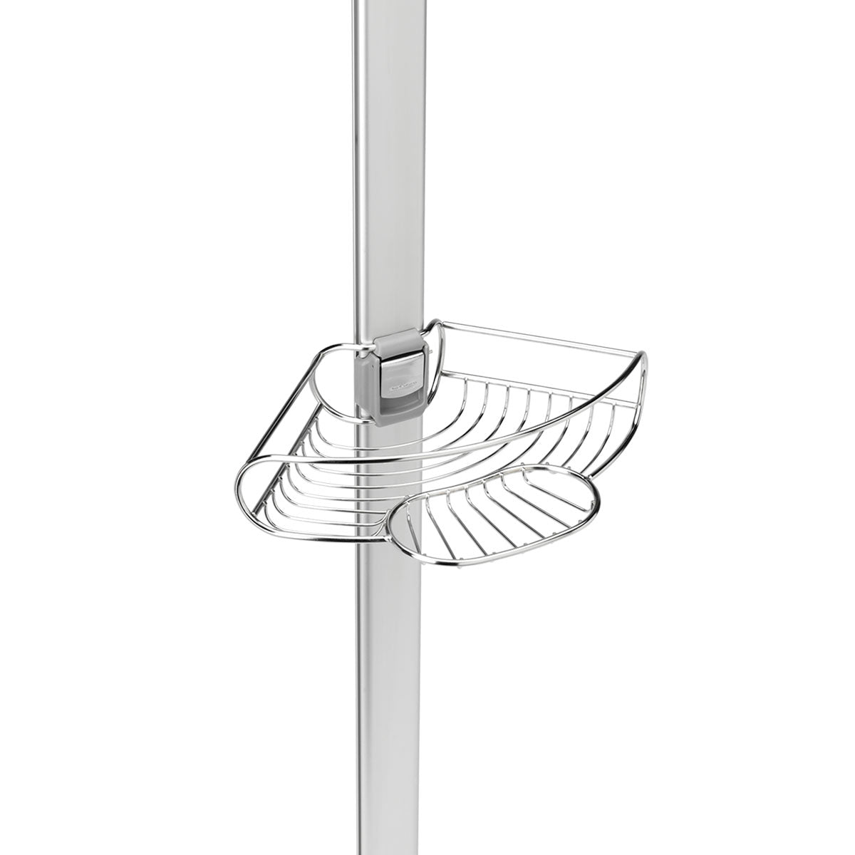 Close-up of Simplehuman Tension Shower Caddy adjustable shelf with integrated soap dish, polished stainless steel.