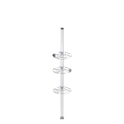 Full view of Simplehuman 8 Ft Tension Shower Caddy, polished stainless steel adjustable shelves, maximum storage.