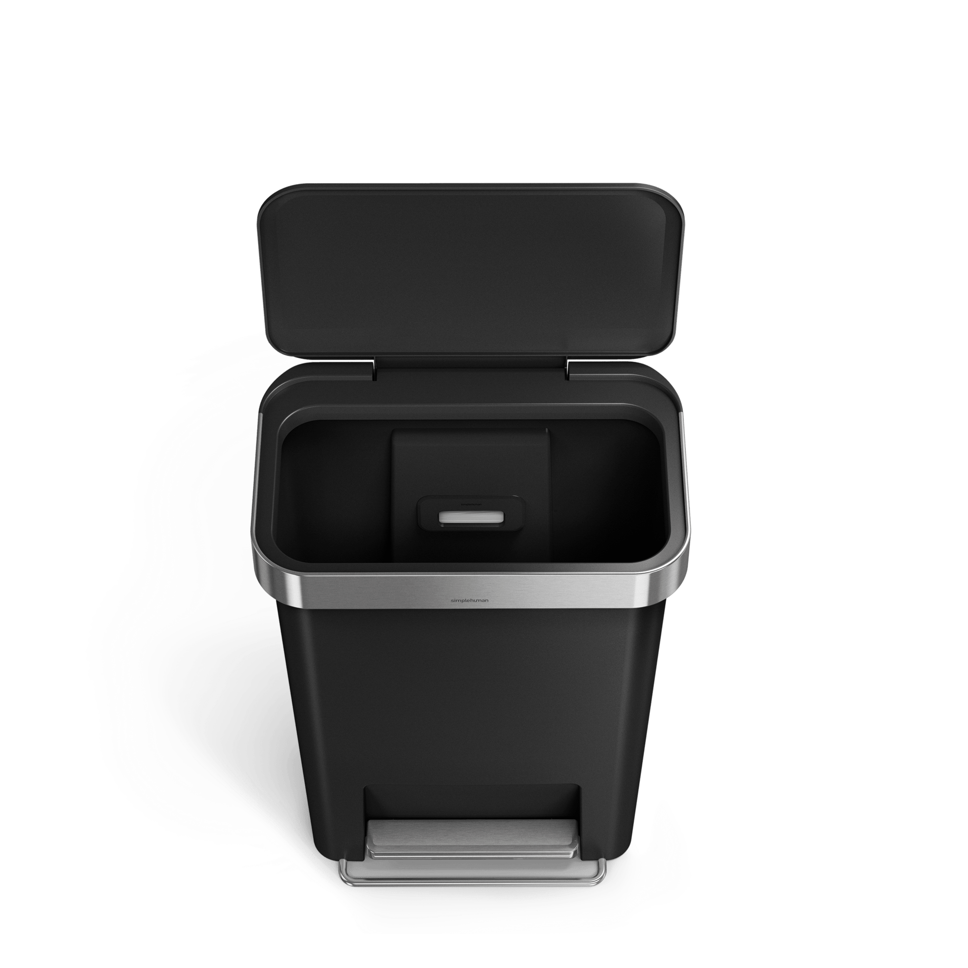 Open view of Simplehuman 45L Hybrid Step Can, Matte Black/Brushed Steel, showing interior liner dispenser.