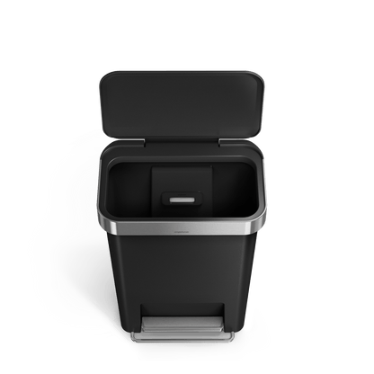 Open view of Simplehuman 45L Hybrid Step Can, Matte Black/Brushed Steel, showing interior liner dispenser.