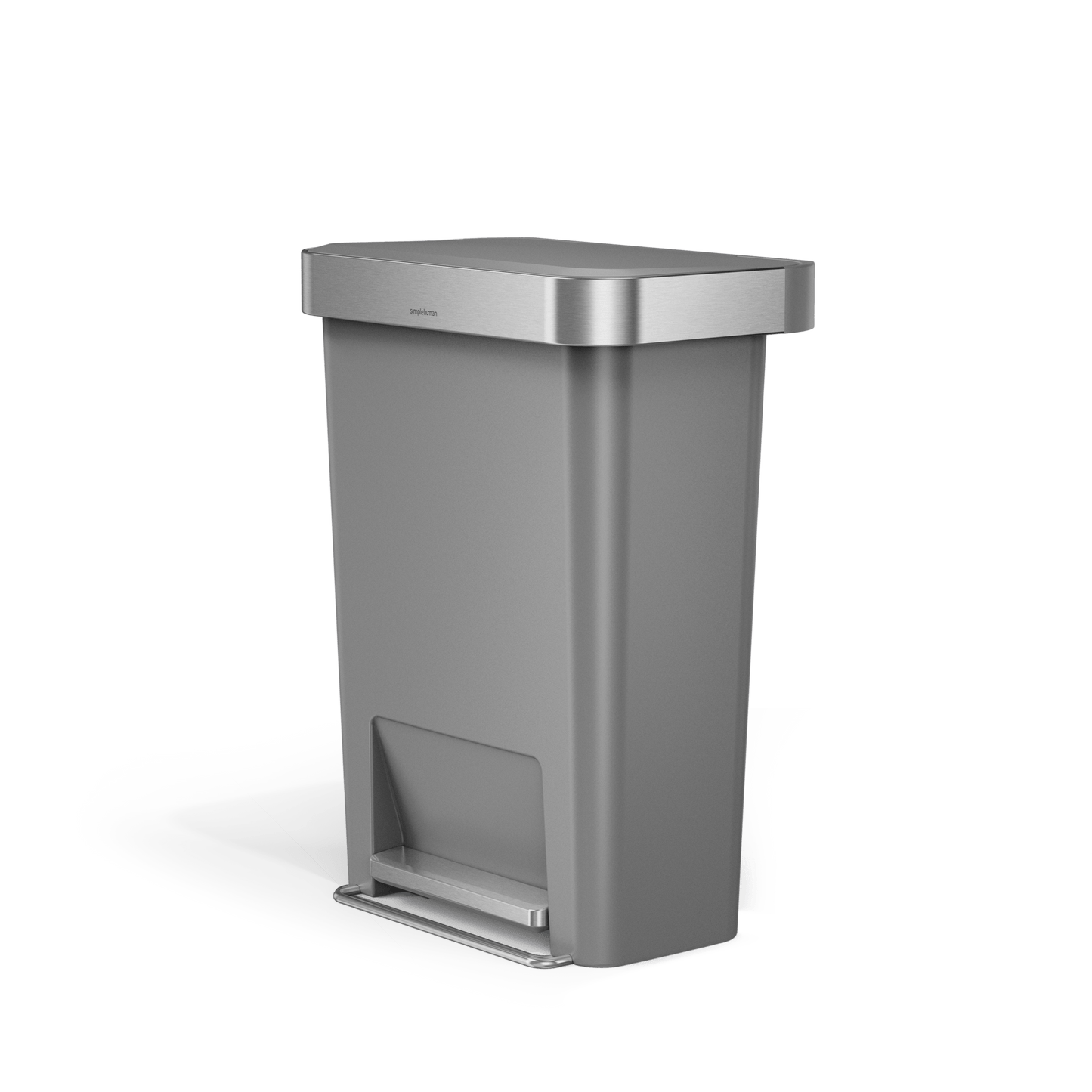 Front angled view of Simplehuman 45L Hybrid Step Can, Matte Gray/Brushed Steel, hands-free foot pedal.