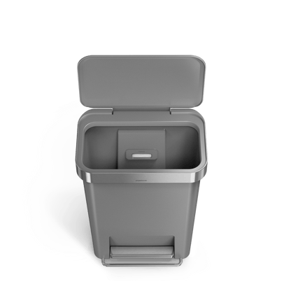Open view of Simplehuman 45L Hybrid Rectangular Step Can, Matte Gray/Brushed Steel, showing internal liner pocket.