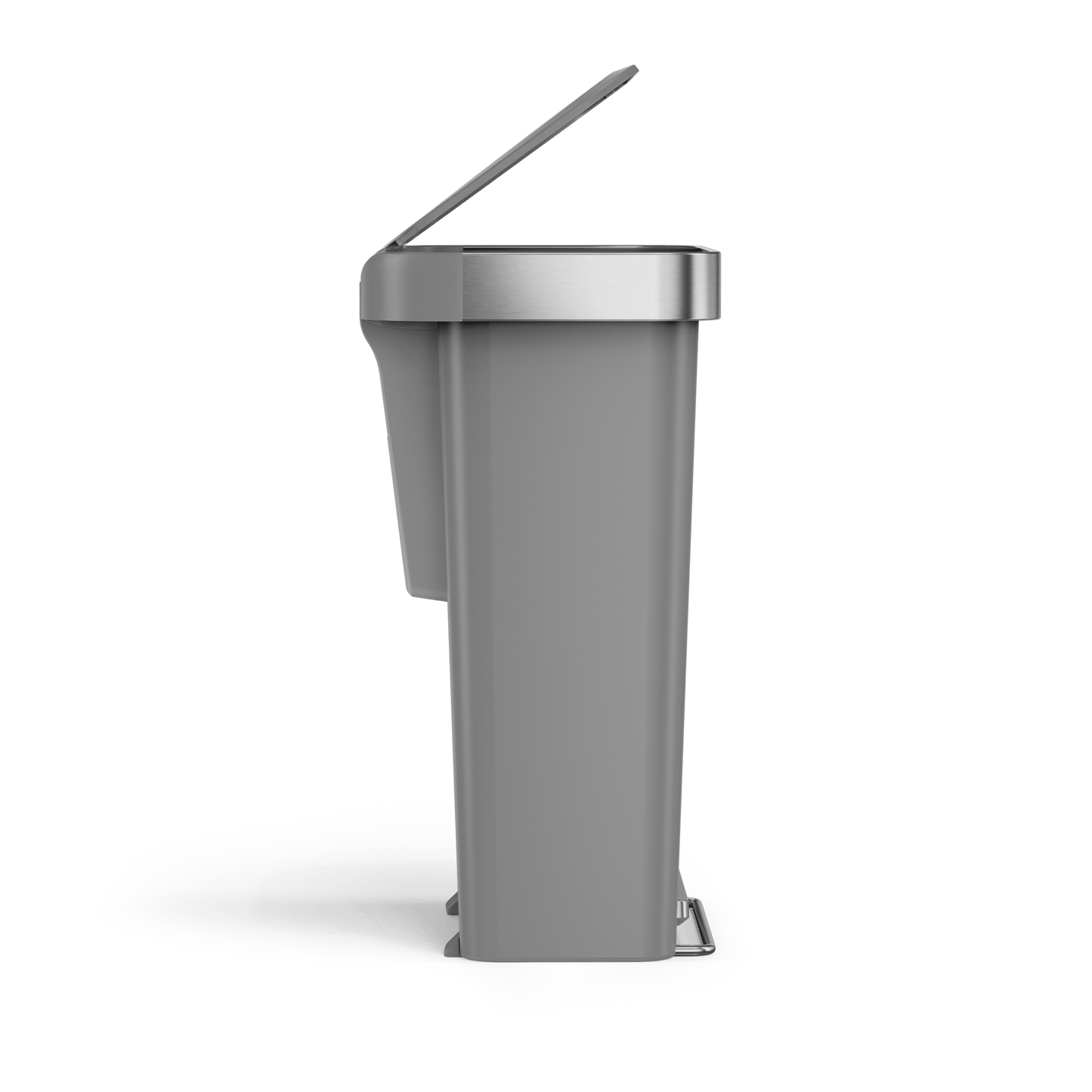 Side view of Simplehuman 45L Hybrid Step Can, Matte Gray/Brushed Steel, showing space-saving split lid.