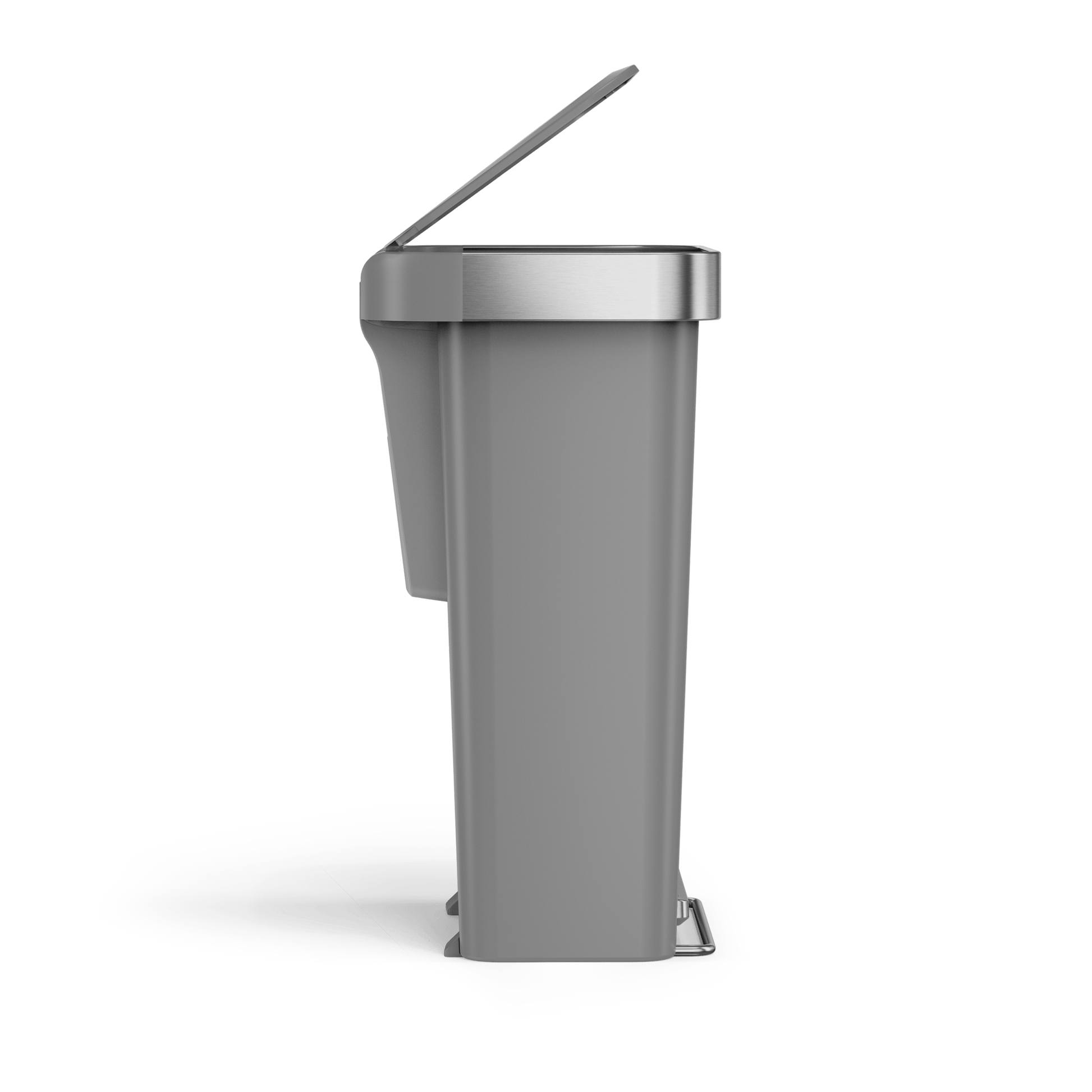 Side view of Simplehuman 45L Hybrid Step Can, Matte Gray/Brushed Steel, showing space-saving split lid.