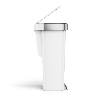 Side view of Simplehuman 45L Hybrid Step Can, White/Brushed Steel, showing open split lid and liner pocket.