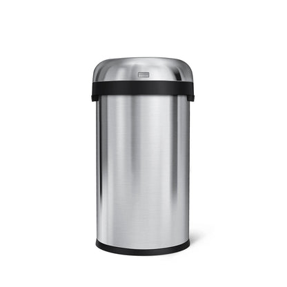 Front view of Simplehuman 60L Bullet Open Can, Brushed Stainless Steel, with open top for quick disposal.
