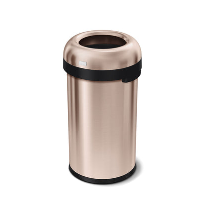 Angled view of Simplehuman 60L Bullet Open Can, Rose Gold finish, open top for high-traffic, quick disposal.