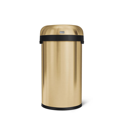 Simplehuman 60L Bullet Open Can in Brushed Brass, front view, open top for high-traffic areas.