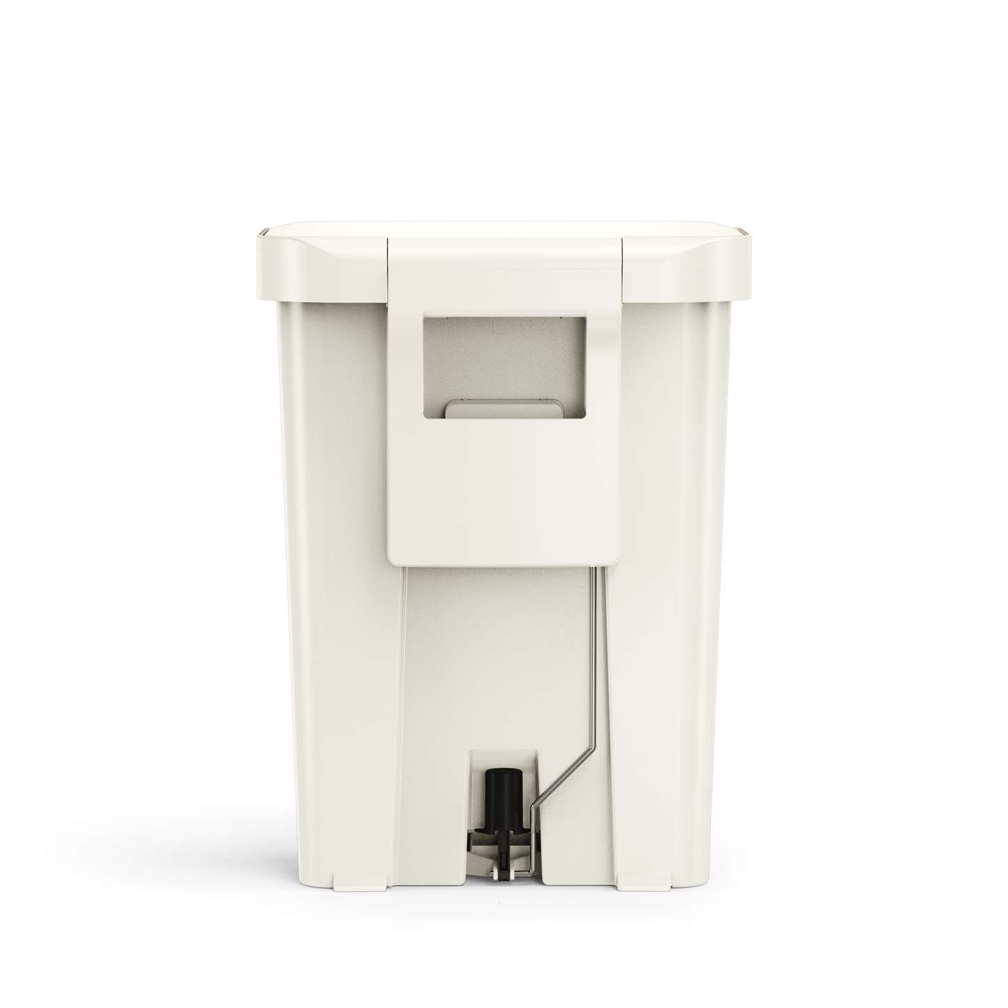 Back detail view of Simplehuman 45L Hybrid Step Can, Cream, showing integrated handle and pedal linkage.