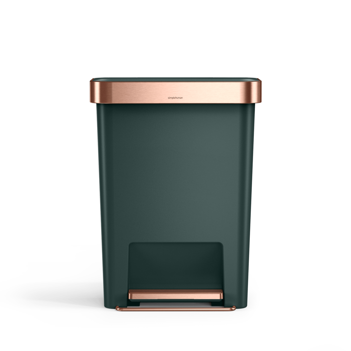 Front view of Simplehuman 45L Hybrid Rectangular Step Can, Dark Green with Rose Gold accents, hands-free foot pedal.