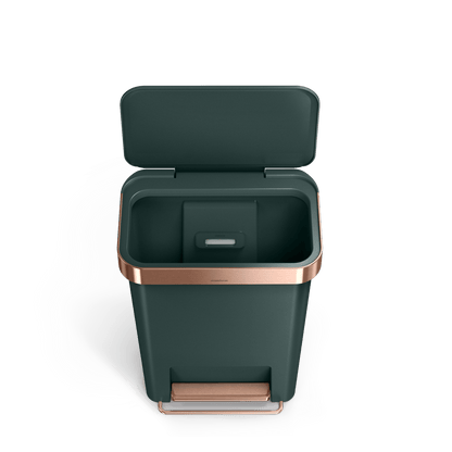 Detail view of Simplehuman 45L Hybrid Step Can, Dark Green, open, showing liner pocket and Rose Gold rim.