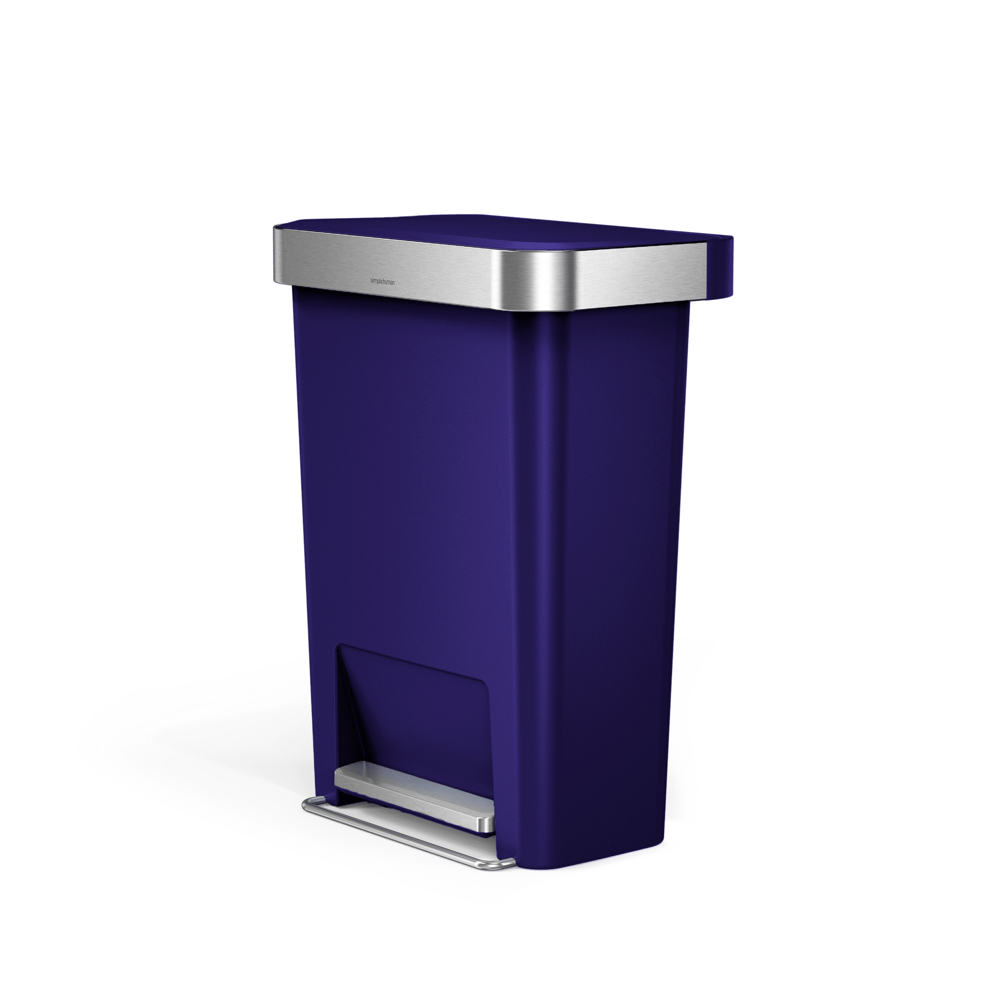 Angled view of Simplehuman 45L Hybrid Step Can, Ultra Violet body and Brushed Stainless Steel trim, hands-free.