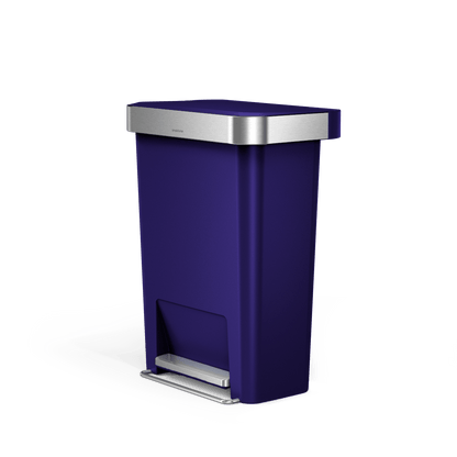 Angled view of Simplehuman 45L Hybrid Step Can, Ultra Violet body and Brushed Stainless Steel trim, hands-free.