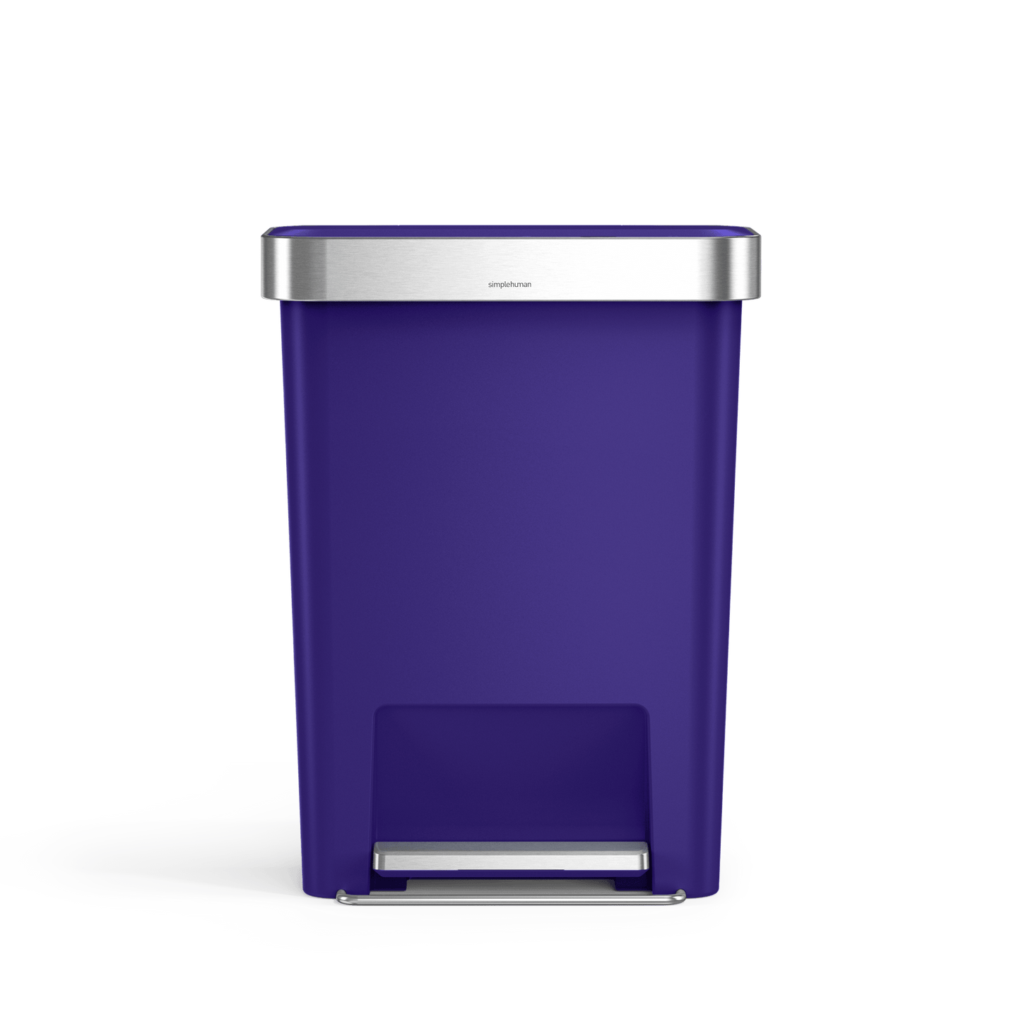 Front view of Simplehuman 45L Hybrid Step Can in Ultra Violet, Brushed Stainless Steel lid, hands-free pedal.