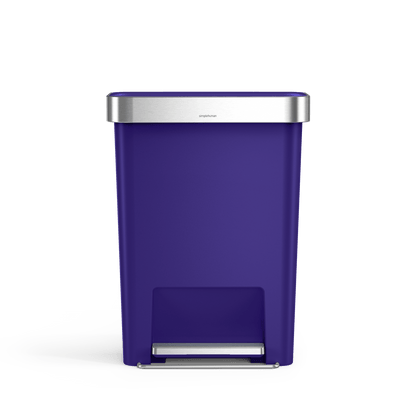 Front view of Simplehuman 45L Hybrid Step Can in Ultra Violet, Brushed Stainless Steel lid, hands-free pedal.