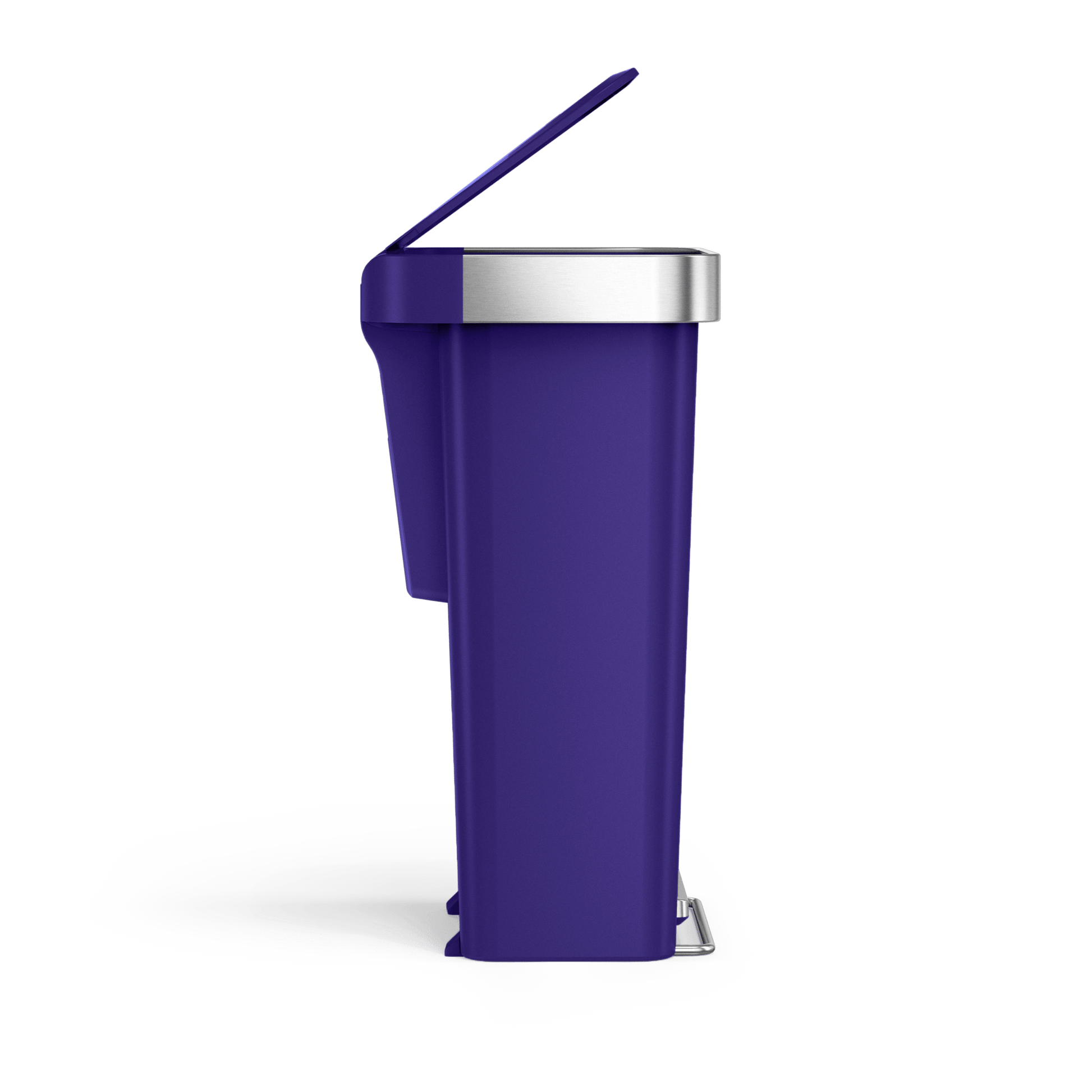 Side view of Simplehuman 45L Hybrid Step Can, Ultra Violet with Brushed Stainless Steel, hands-free pedal, lid open.