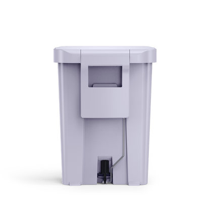 Detail view of Simplehuman 45L Hybrid Step Can in Ultra Violet, showing integrated carry handle and pedal linkage.