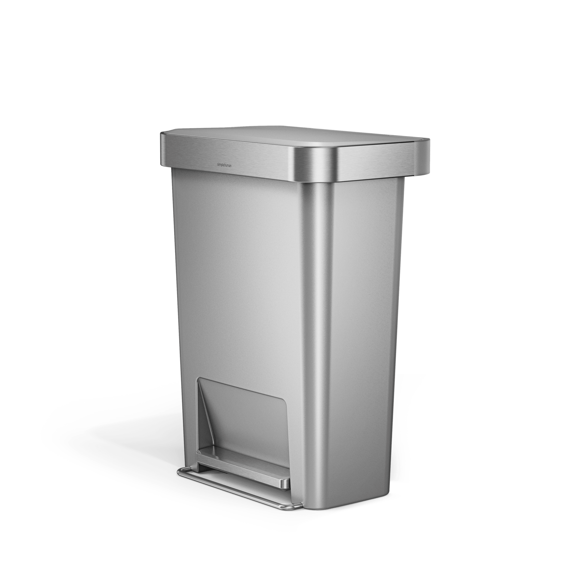 Angled view of Simplehuman 45L Hybrid Rectangular Step Can, Brushed Stainless Steel, hands-free pedal.