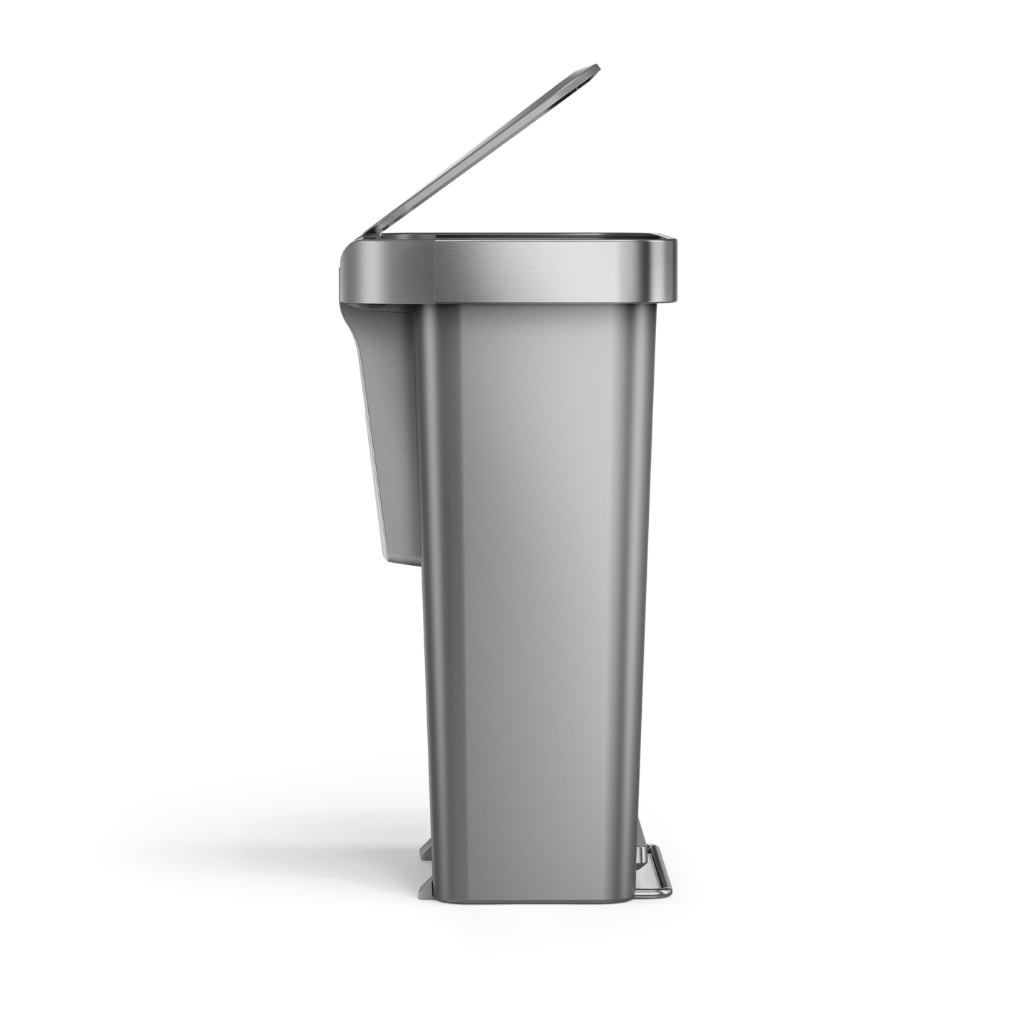 Profile view of Simplehuman 45L Hybrid Step Can, Brushed Stainless Steel, lid partially open, hands-free pedal.
