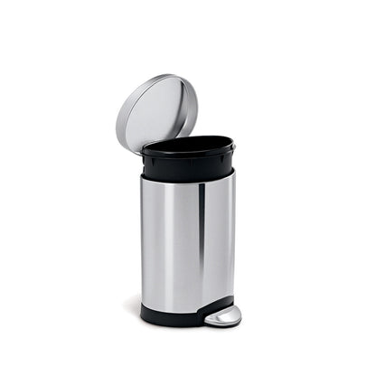 Angled view of Simplehuman 6L Semi-Round Step Can, Brushed Stainless Steel, hands-free pedal and removable liner.