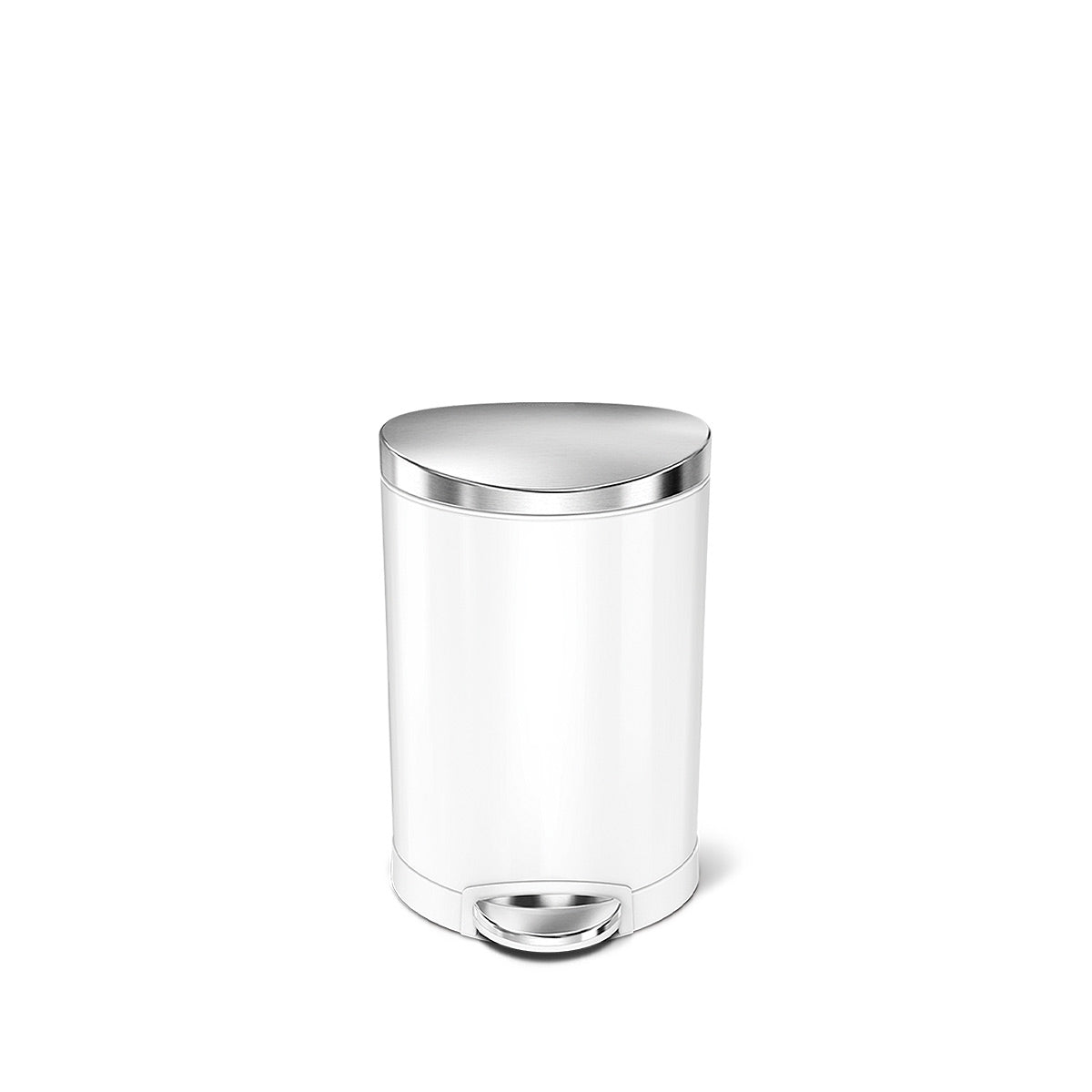 Front angled view of Simplehuman 6L Semi-Round Step Can, White body/Brushed Stainless Steel lid, hands-free pedal.