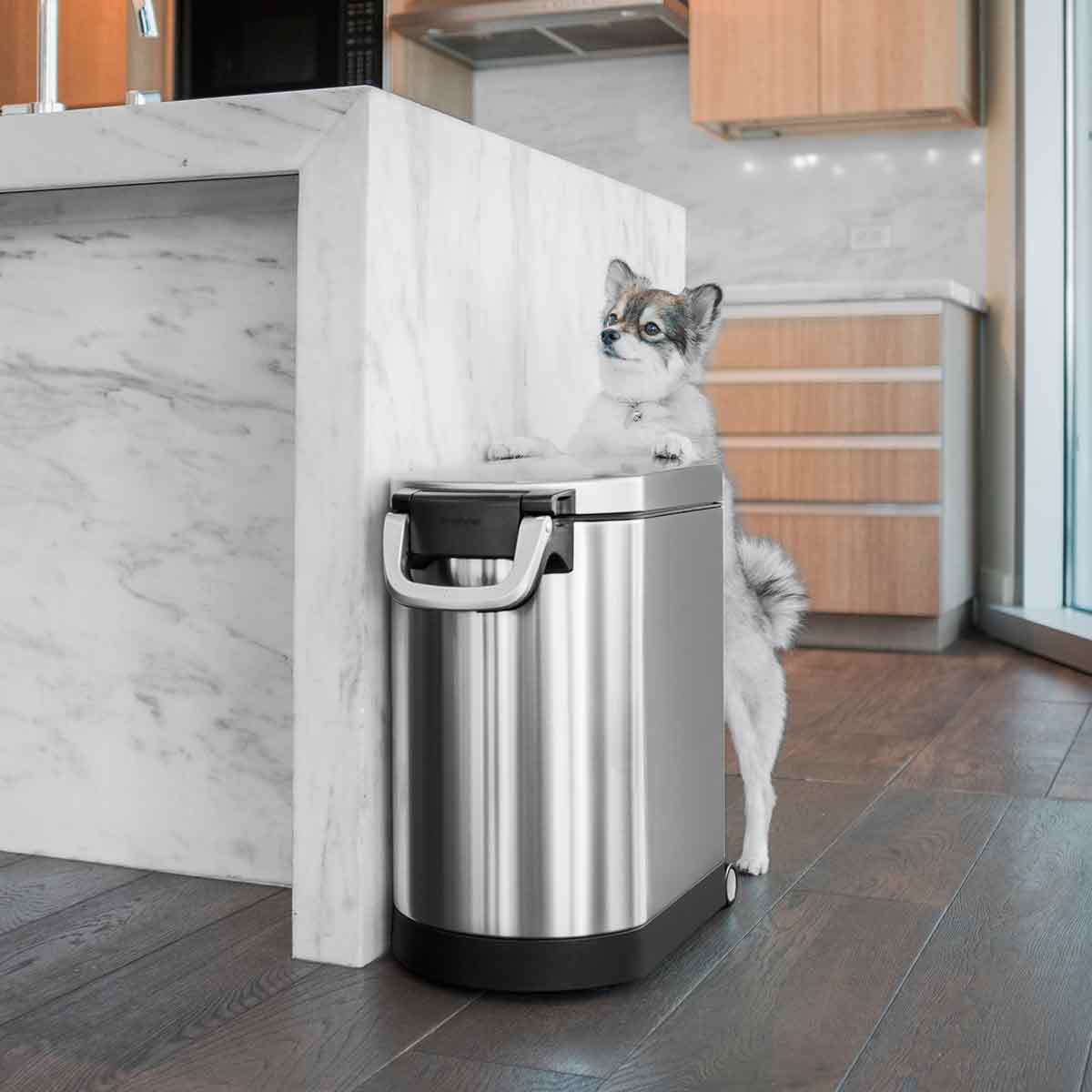 Simplehuman Medium Pet Food Can, Brushed Stainless Steel, lifestyle view with dog, secure airtight locking handle, easy-move wheels.