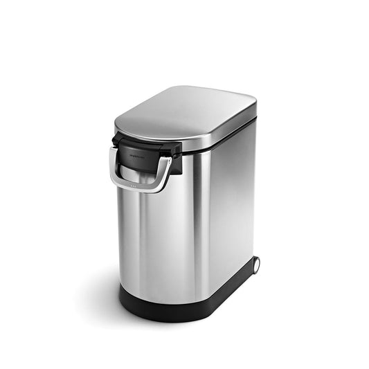 Simplehuman Medium Pet Food Can, Brushed Stainless Steel, airtight lid, easy-move wheels.