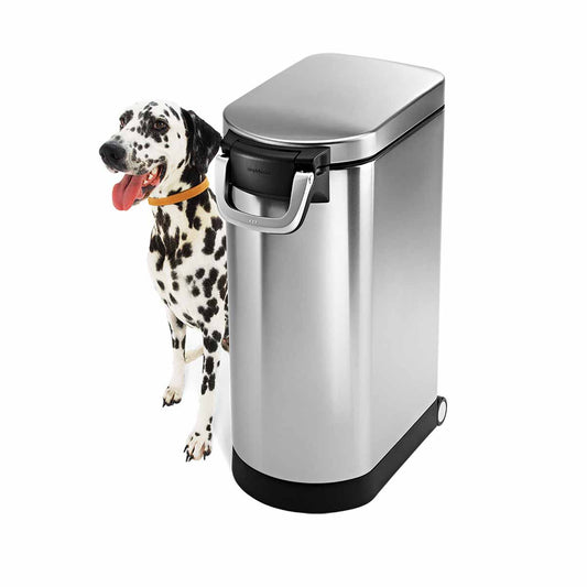 Simplehuman X-Large Pet Food Can, Brushed Stainless Steel, shown next to a Dalmatian, features an airtight locking handle.
