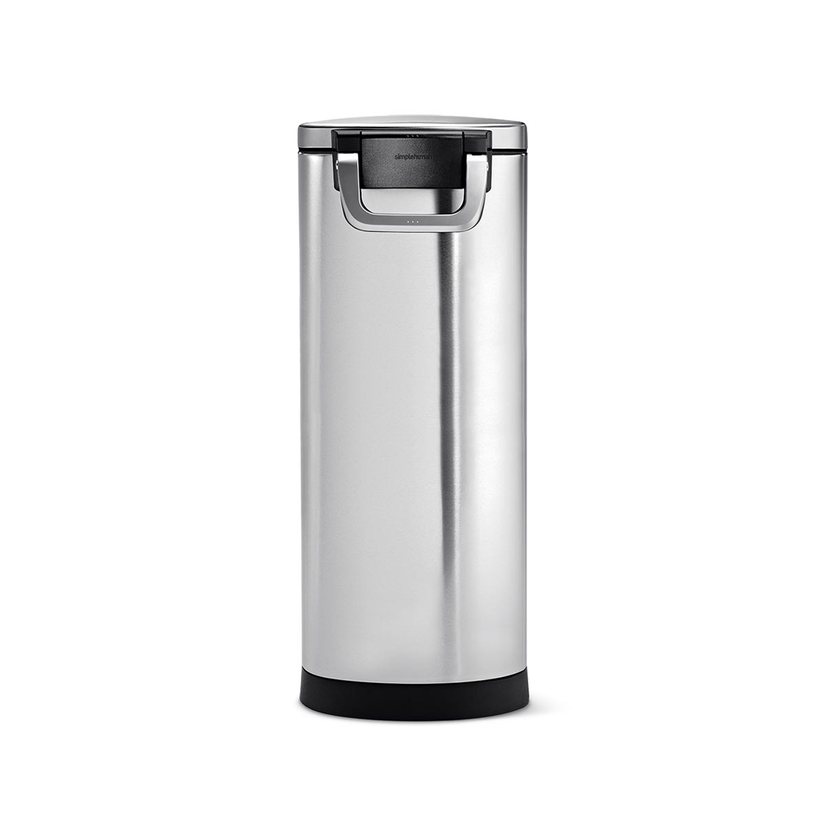 Front view, Simplehuman X-Large Pet Food Can, Brushed Stainless Steel, airtight locking handle.