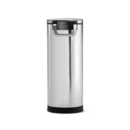 Front view, Simplehuman X-Large Pet Food Can, Brushed Stainless Steel, airtight locking handle.