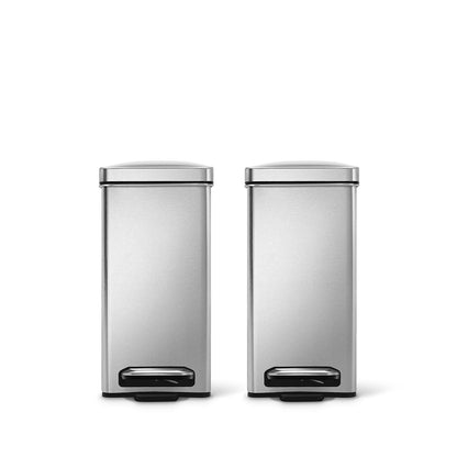 Duo view of Simplehuman Brushed Stainless Steel Profile Step Cans, hands-free, space-saving.
