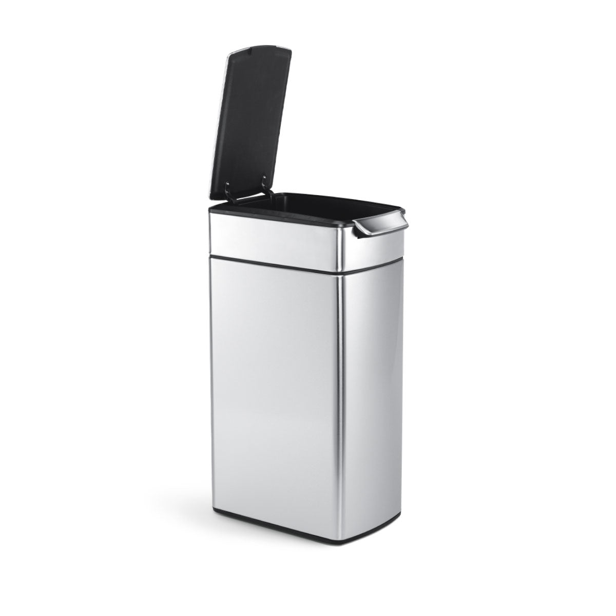 Simplehuman 40L Slim Touch-Bar Can, Brushed Stainless Steel, lid open highlighting the hands-free mechanism.