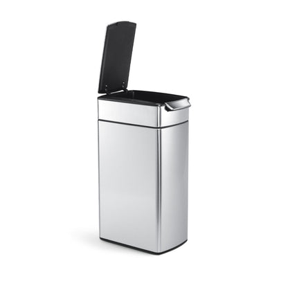 Simplehuman 40L Slim Touch-Bar Can, Brushed Stainless Steel, lid open highlighting the hands-free mechanism.