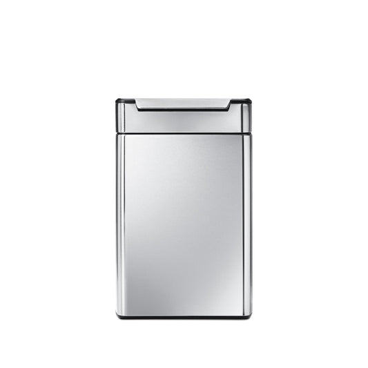 Front view of Simplehuman 48L Dual Compartment Touch-Bar Can, Brushed Stainless Steel, closed.