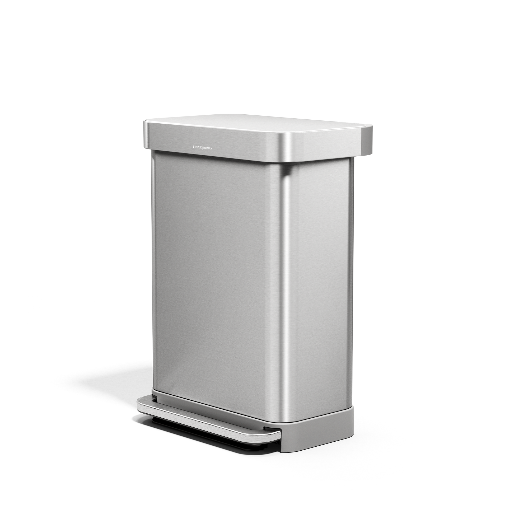 Angled view of Simplehuman 55L Rectangular Step Can in Brushed Stainless Steel, hands-free foot pedal, and liner pocket.