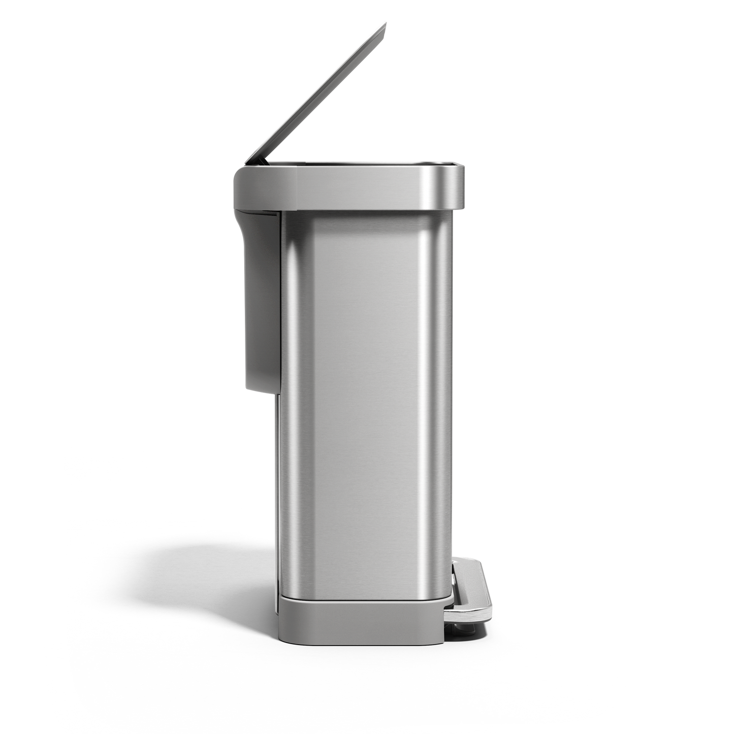 Profile view of Simplehuman 55L Rectangular Step Can in Brushed Stainless Steel with hands-free foot pedal.