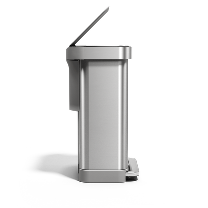 Profile view of Simplehuman 55L Rectangular Step Can in Brushed Stainless Steel with hands-free foot pedal.