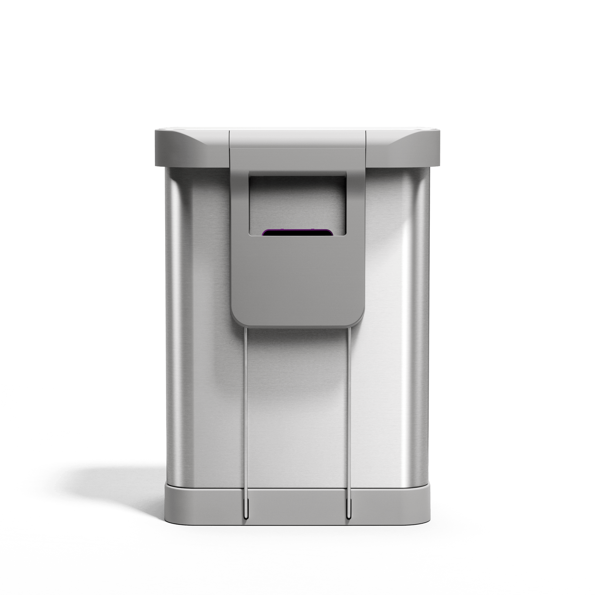 Back view of Simplehuman 55L Rectangular Step Can in Brushed Stainless Steel showing the liner pocket dispenser.