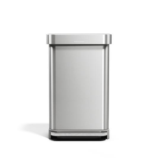Simplehuman 45L Rectangular Step Can, Brushed Stainless Steel, hands-free pedal and internal liner pocket.